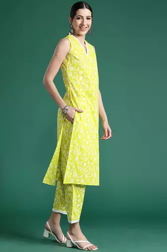 Green printed pure cotton kurta trouser set