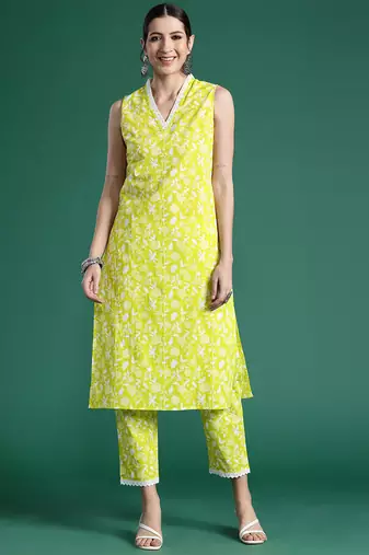 Green printed pure cotton kurta trouser set