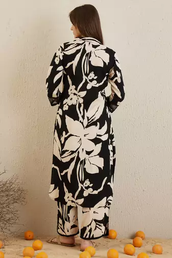 Black embroidered viscose rayon kurta trouser set