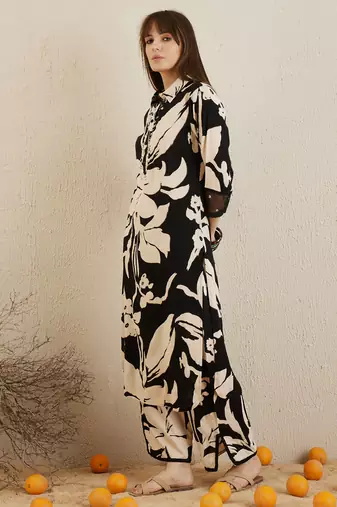 Black embroidered viscose rayon kurta trouser set