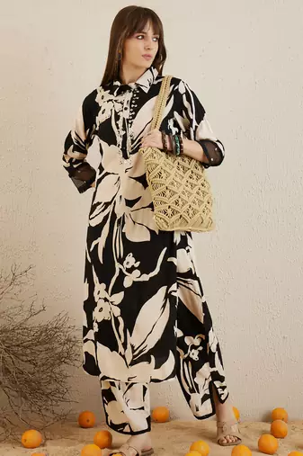 Black embroidered viscose rayon kurta trouser set