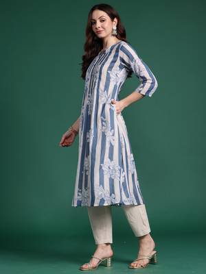 Blue printed pure cotton kurta trouser set 3