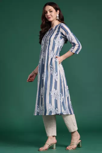 Blue printed pure cotton kurta trouser set