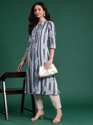 Blue printed pure cotton kurta trouser set 4