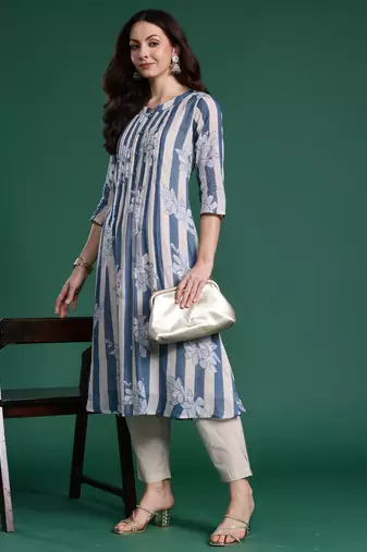 Blue printed pure cotton kurta trouser set