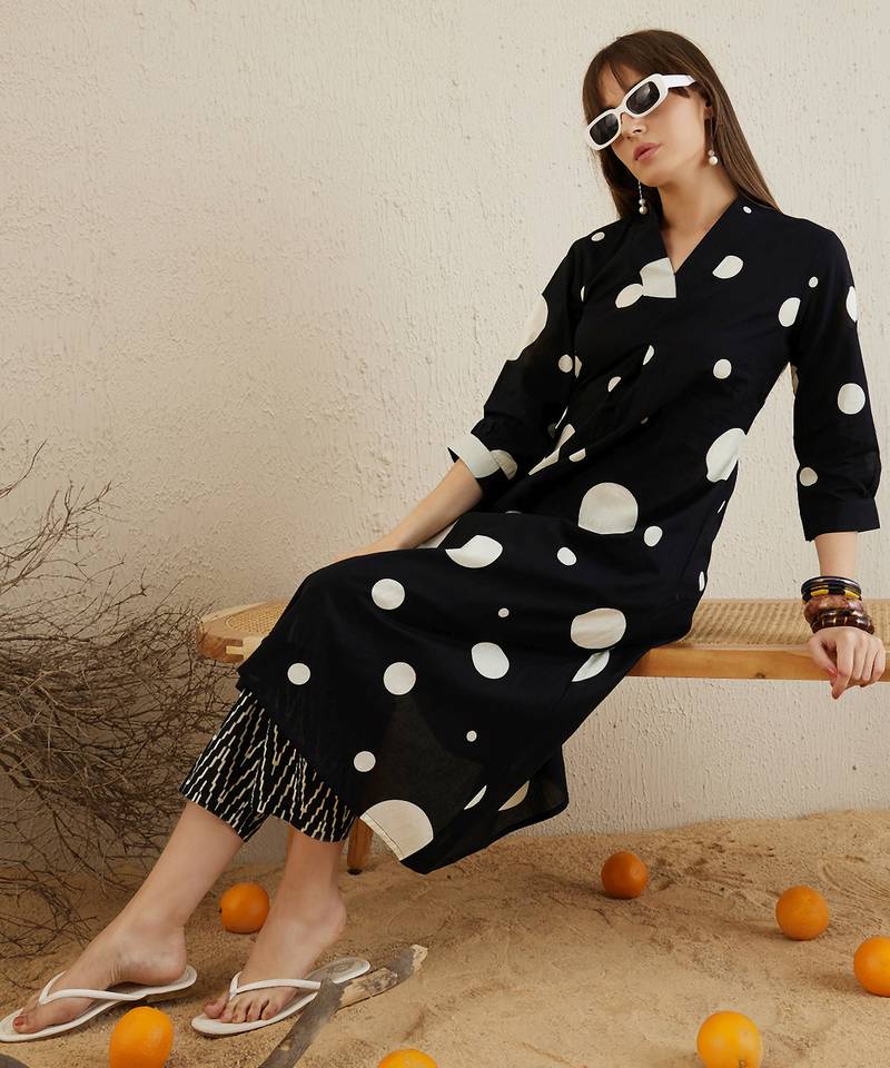 Black printed pure cotton kurta trouser set