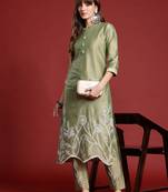 Green embroidered silk kurta trouser set