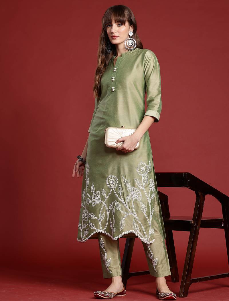 Green embroidered silk kurta trouser set