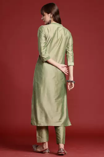 Green embroidered silk kurta trouser set
