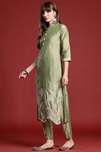 Green embroidered silk kurta trouser set