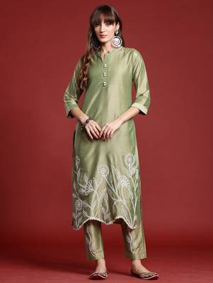 Green embroidered silk kurta trouser set 4
