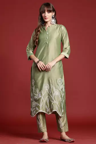 Green embroidered silk kurta trouser set