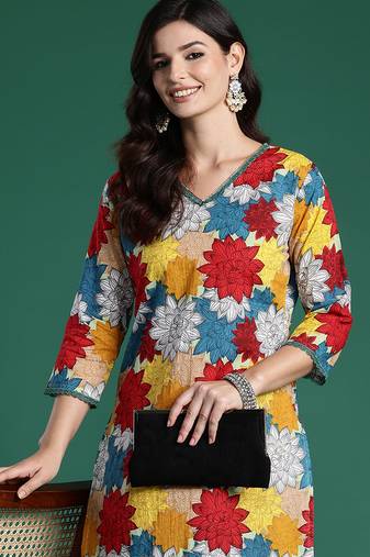 Multicolor printed pure cotton kurta trouser set