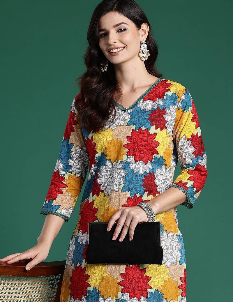 Multicolor printed pure cotton kurta trouser set