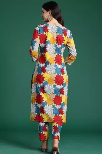 Multicolor printed pure cotton kurta trouser set