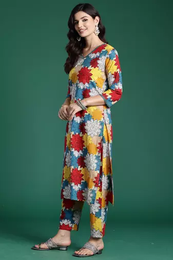 Multicolor printed pure cotton kurta trouser set