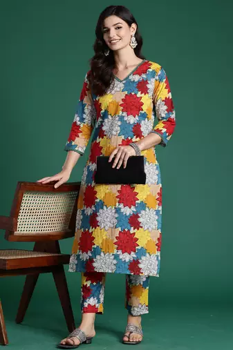 Multicolor printed pure cotton kurta trouser set