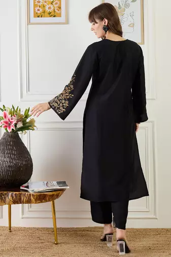 Black embroidered silk kurta trouser set