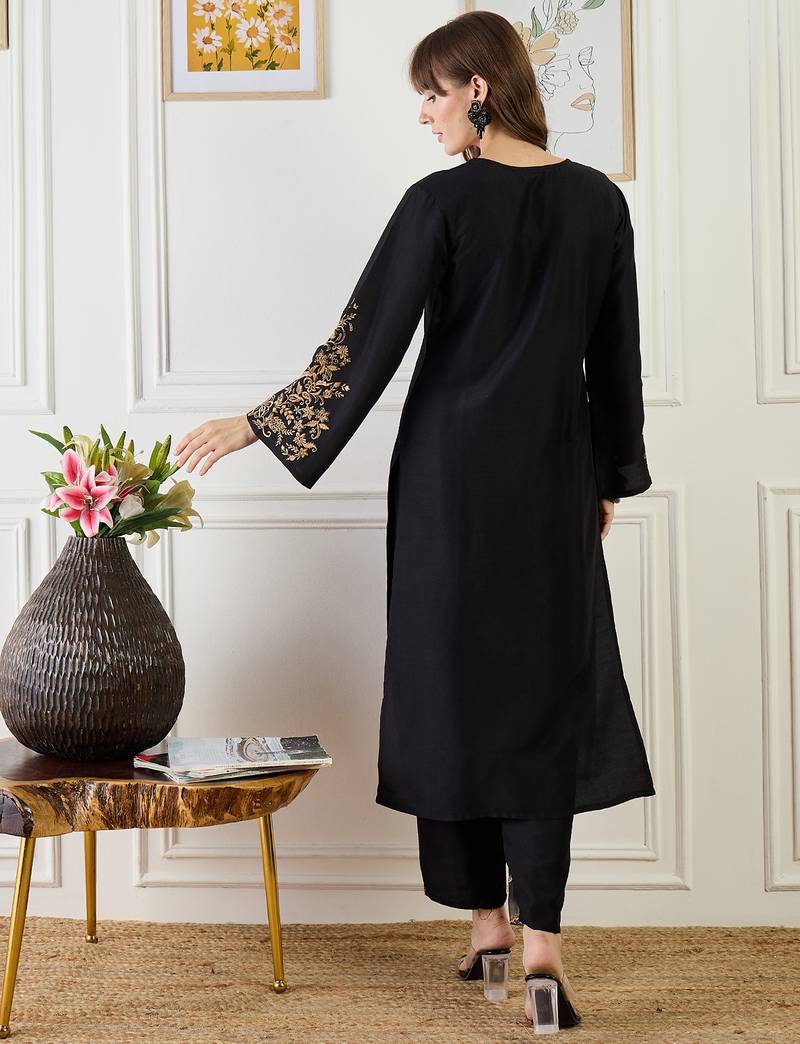Black embroidered silk kurta trouser set