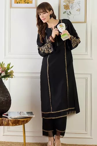 Black embroidered silk kurta trouser set