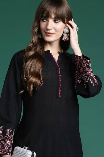 Black embroidered pure cotton kurta trouser set
