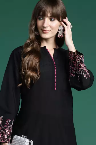 Black embroidered pure cotton kurta trouser set