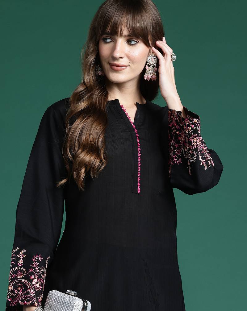Black embroidered pure cotton kurta trouser set
