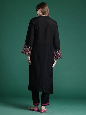 Black embroidered pure cotton kurta trouser set 2