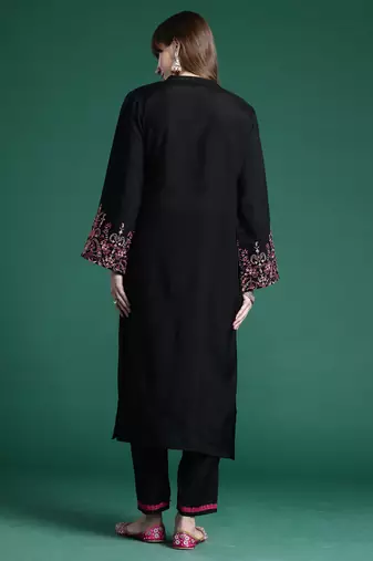 Black embroidered pure cotton kurta trouser set