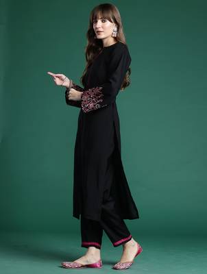 Black embroidered pure cotton kurta trouser set 3