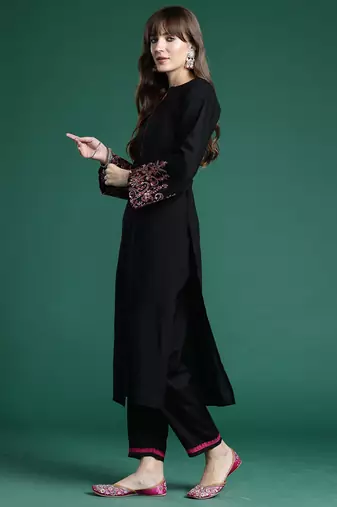 Black embroidered pure cotton kurta trouser set