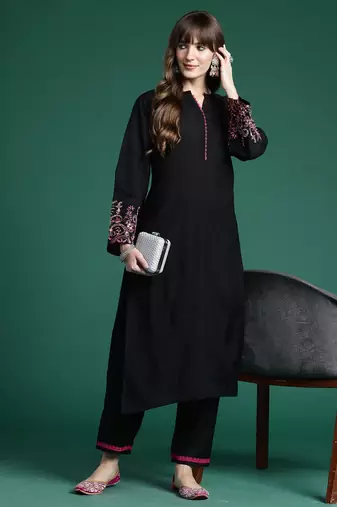 Black embroidered pure cotton kurta trouser set