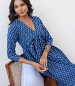 Blue printed pure cotton kurta trouser set