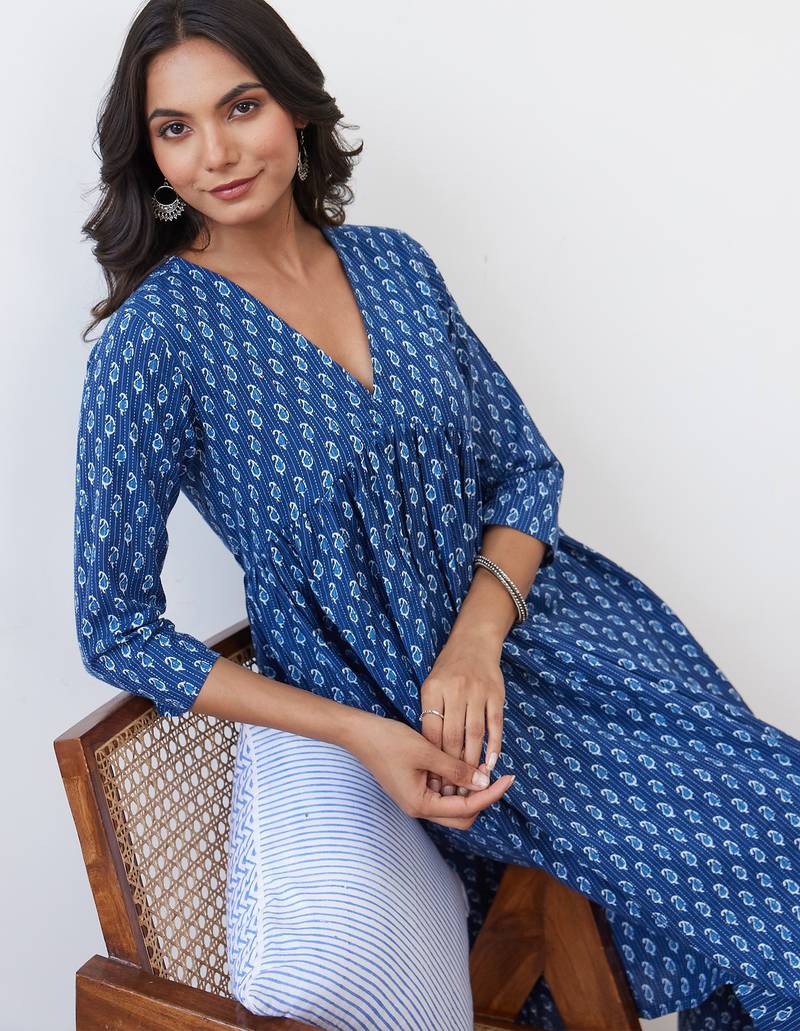 Blue printed pure cotton kurta trouser set