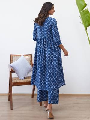 Blue printed pure cotton kurta trouser set 2