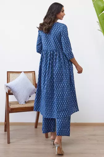 Blue printed pure cotton kurta trouser set