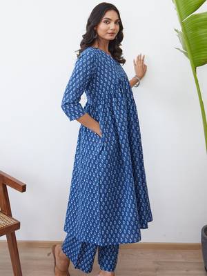 Blue printed pure cotton kurta trouser set 3