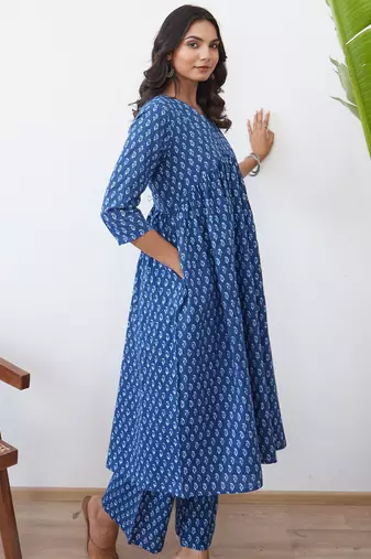 Blue printed pure cotton kurta trouser set