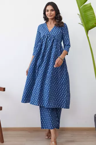 Blue printed pure cotton kurta trouser set