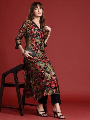 Black printed silk kurta trouser set 1