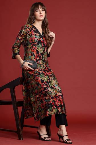 Black printed silk kurta trouser set
