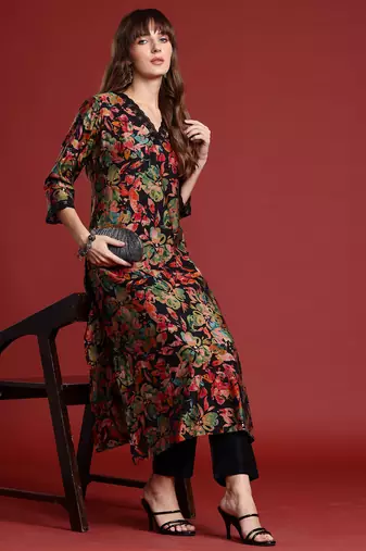 Black printed silk kurta trouser set