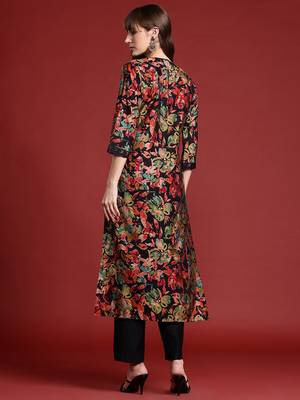 Black printed silk kurta trouser set 2
