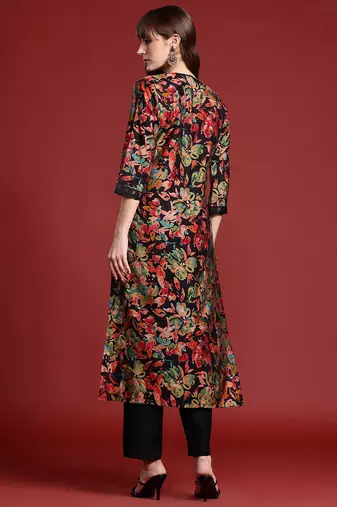 Black printed silk kurta trouser set