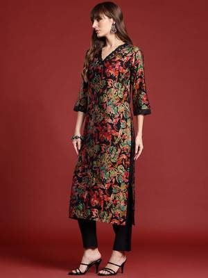 Black printed silk kurta trouser set 3