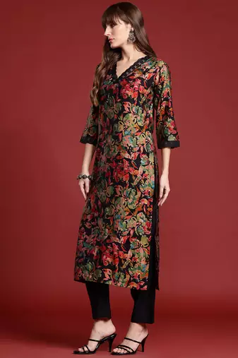 Black printed silk kurta trouser set