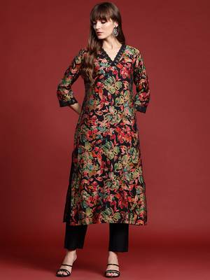 Black printed silk kurta trouser set 4