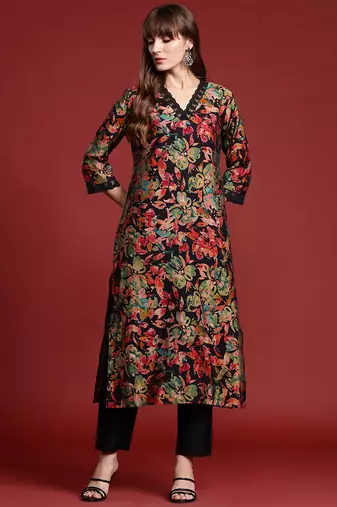 Black printed silk kurta trouser set