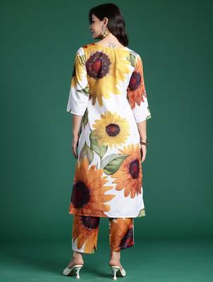 Off white printed pure cotton kurta trouser set 2