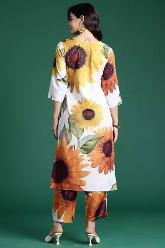 Off white printed pure cotton kurta trouser set